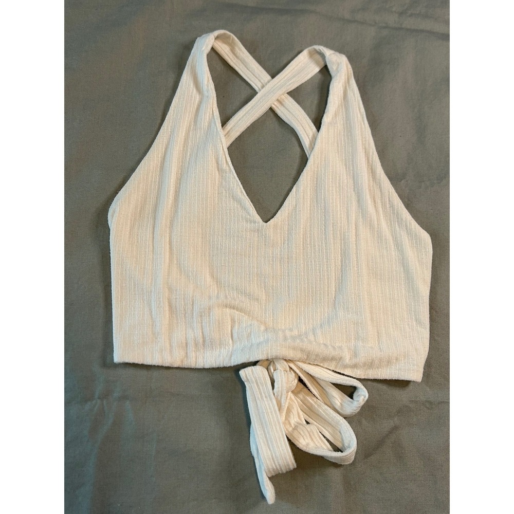 FORE‎ Women Cream Ribbed V-Neck Criss Cross Back Tie Waist Crop Top Small USA